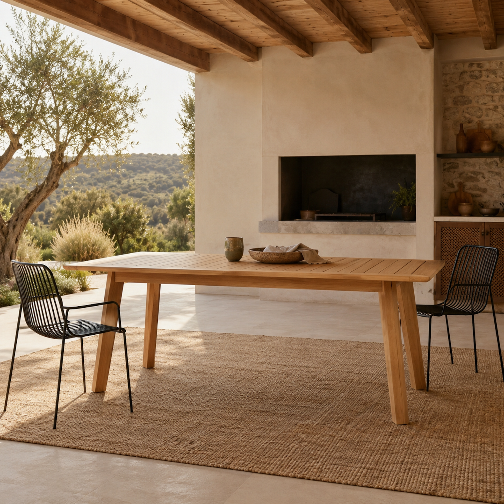 Massiver Gartentisch aus Eiche der Serie Terra auf einer mediterranen Terrasse mit schwarzem Metallstuhl, Kamin und Blick ins Grüne. Rechteckiger Outdoor-Esstisch aus massivem Eichenholz mit lamellenartiger Tischplatte und schrägen Tischbeinen.