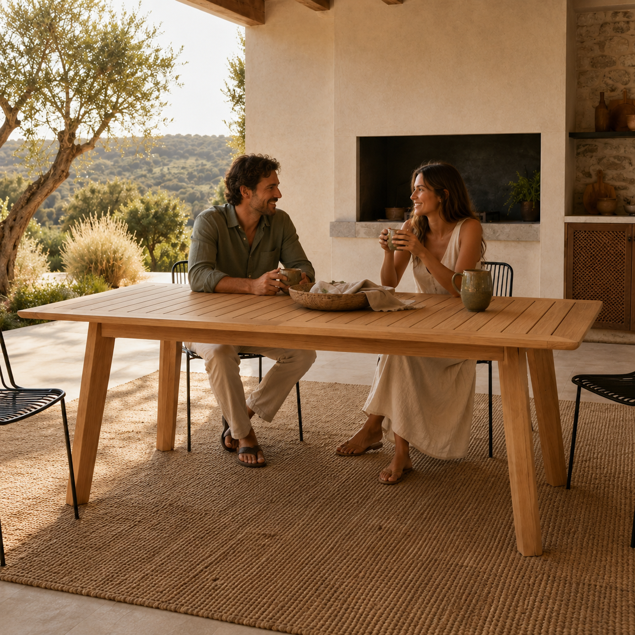 Massiver Gartentisch Terra aus Eiche auf einer mediterranen Terrasse mit sitzendem Paar. Rechteckiger Outdoor-Esstisch aus massivem Eichenholz mit Lamellen-Tischplatte und schrägen Tischbeinen im warmen Sonnenlicht.