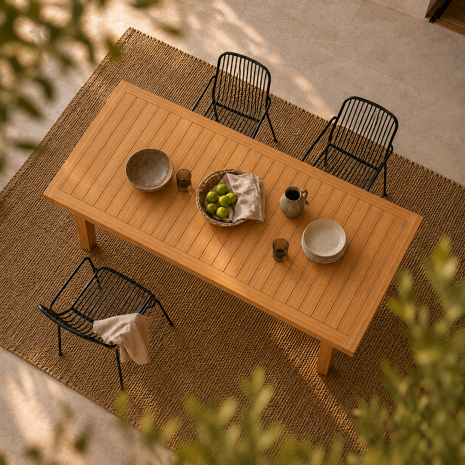 Draufsicht auf den Gartentisch Terra aus massiver Eiche mit schwarzem Gartenstuhl-Set und dekorierter Tischplatte. Rechteckiger Outdoor-Esstisch aus Eichenholz auf gewebtem Teppich im mediterranen Terrassenstil.
