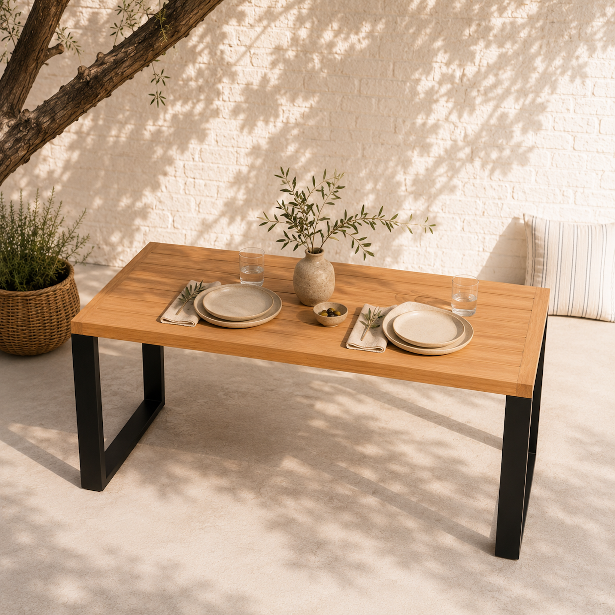 Moderner Gartentisch Urban aus massiver Eiche mit schwarzen Stahlkufen auf heller Terrasse. Rechteckiger Outdoor-Esstisch aus Eichenholz mit gedeckter Tischplatte im mediterranen Gartenstil.