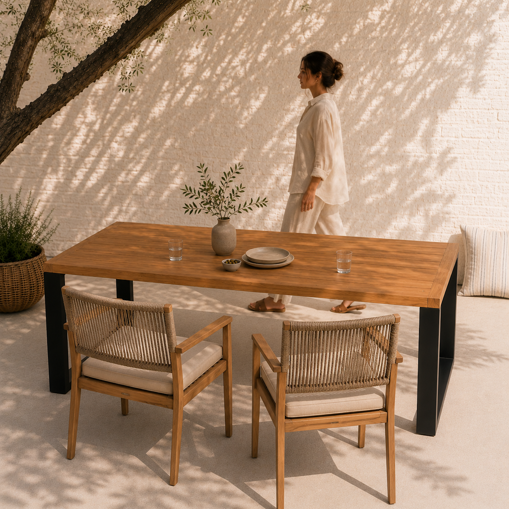 Moderner Gartentisch Urban aus massiver Eiche mit schwarzen Stahlkufen auf heller Terrasse. Outdoor-Esstisch aus Eichenholz mit Gartenstühlen und mediterranem Ambiente im warmen Sonnenlicht.