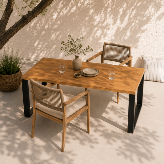 Moderner Gartentisch Urban aus massiver Eiche mit schwarzen Stahlkufen auf heller Terrasse. Rechteckiger Outdoor-Esstisch aus Eichenholz mit minimalistischer Tischplatte und mediterranem Outdoor-Setting.