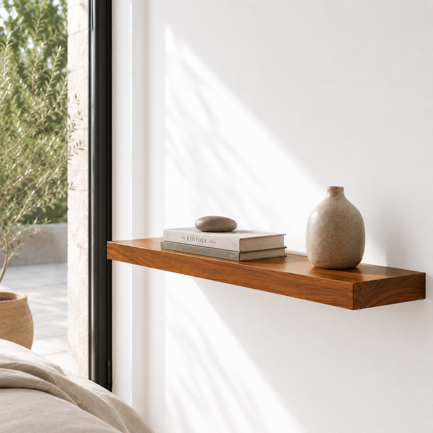 Modernes Wandregal ECO aus furniertem Kirschbaum mit verdeckter Wandhalterung. Warmes Holzregal mit natürlicher Kirschbaum-Maserung und hochwertiger Furnieroberfläche in zeitloser Holzoptik.