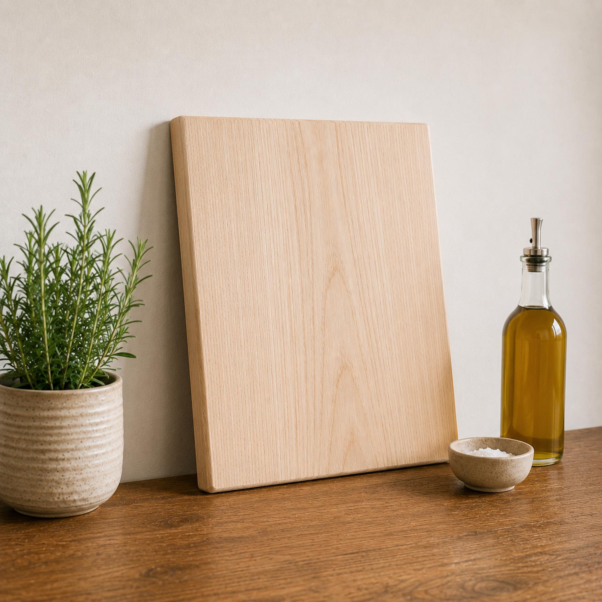 Massives Schneidebrett aus heller Esche, dekorativ an eine weiße Wand gelehnt auf rustikalem Holztisch mit Rosmarin und Ölflasche.