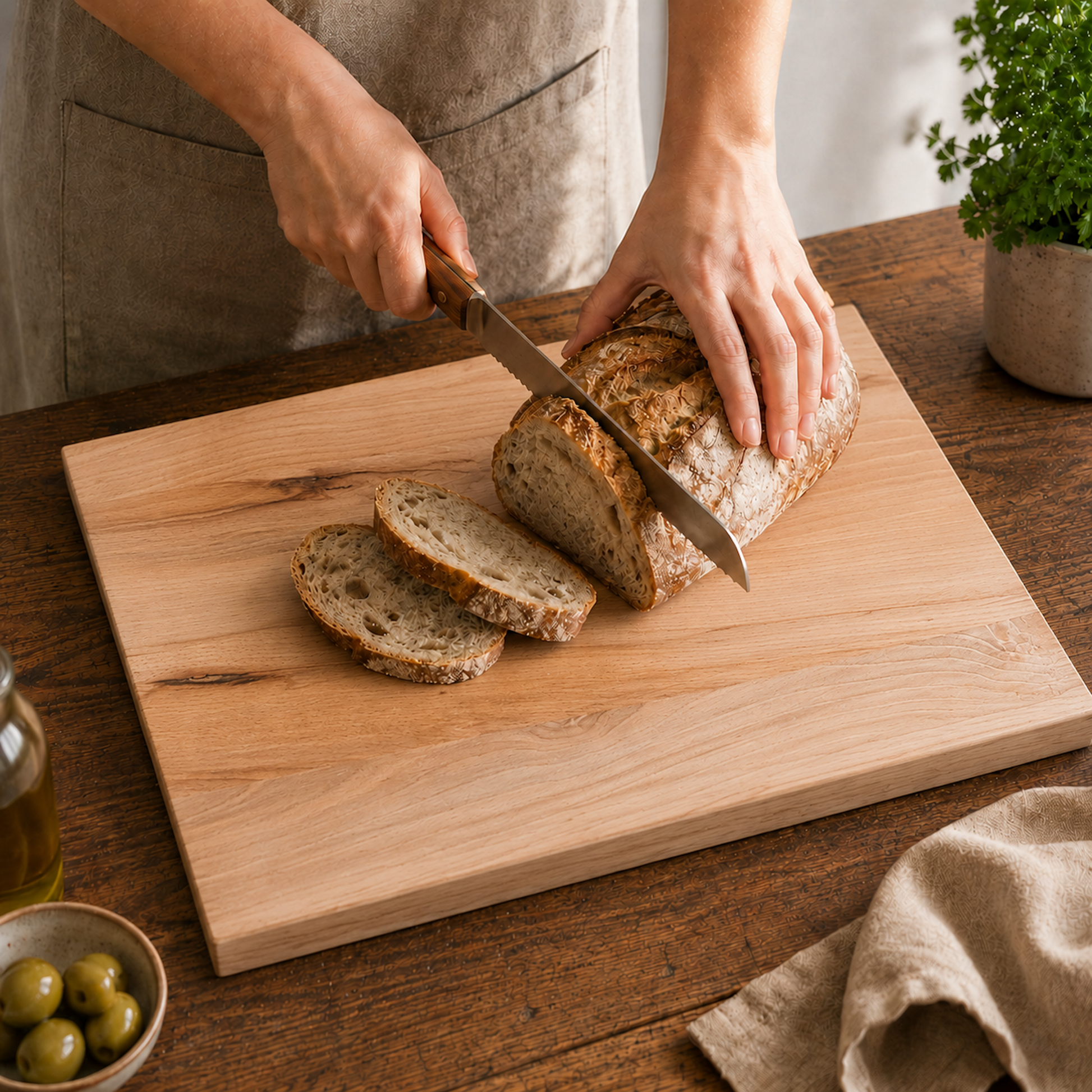 Helles Schneidebrett aus Buche auf rustikalem Holztisch beim Schneiden von frischem Brot. Natürliche Küchenszene mit Messer, Oliven und warmem Licht.
