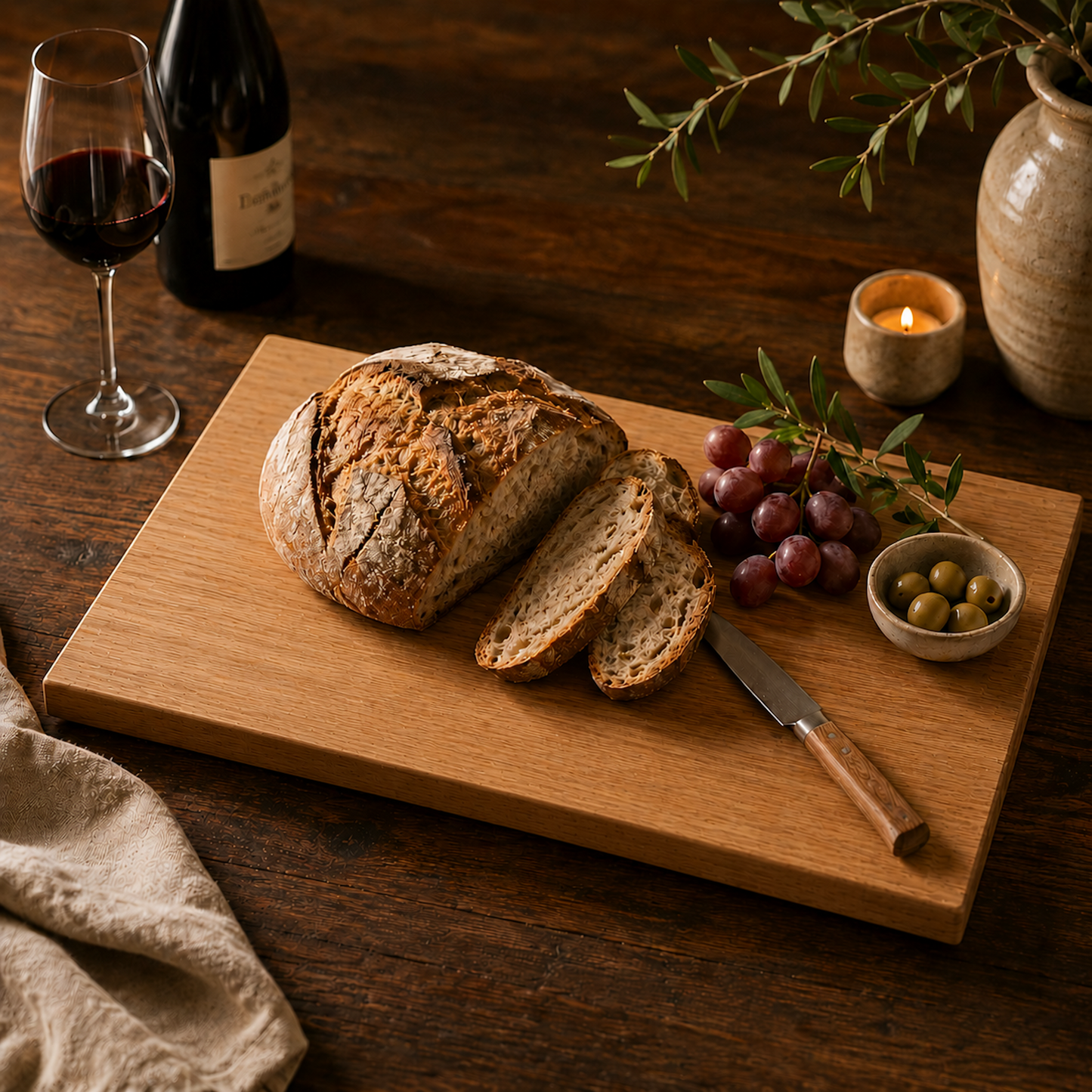 Großes Schneidebrett aus Eiche mit frischem Bauernbrot, Wein, Trauben und Oliven auf dunklem Holztisch. Warme stimmungsvolle Abendbeleuchtung in rustikal-eleganter Küchenszene.