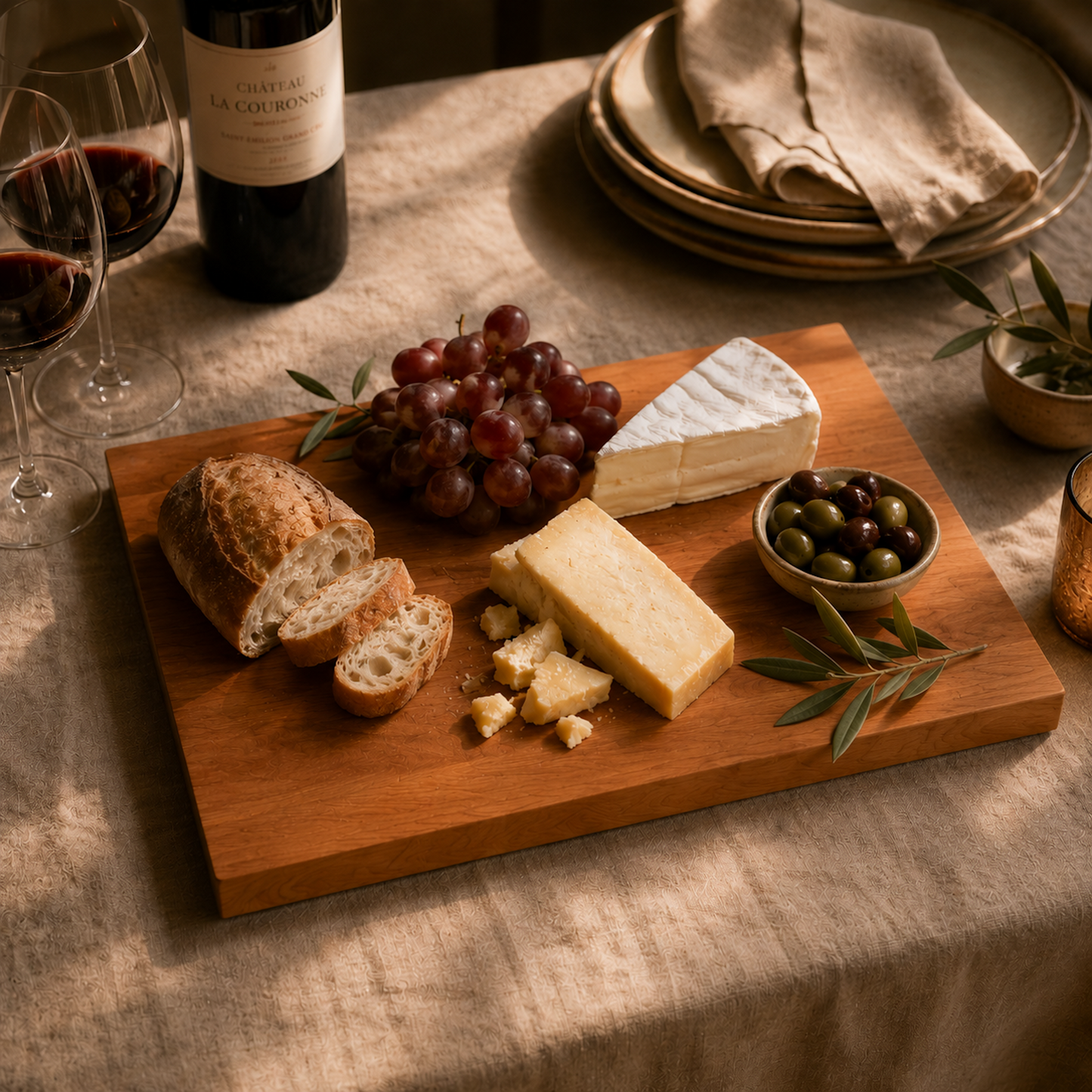 Massives Schneidebrett aus Kirschbaum mit Brot, Käse, Trauben und Oliven auf gedecktem Tisch bei warmem Abendlicht. Elegante Servierszene mit Rotwein und natürlicher Atmosphäre.