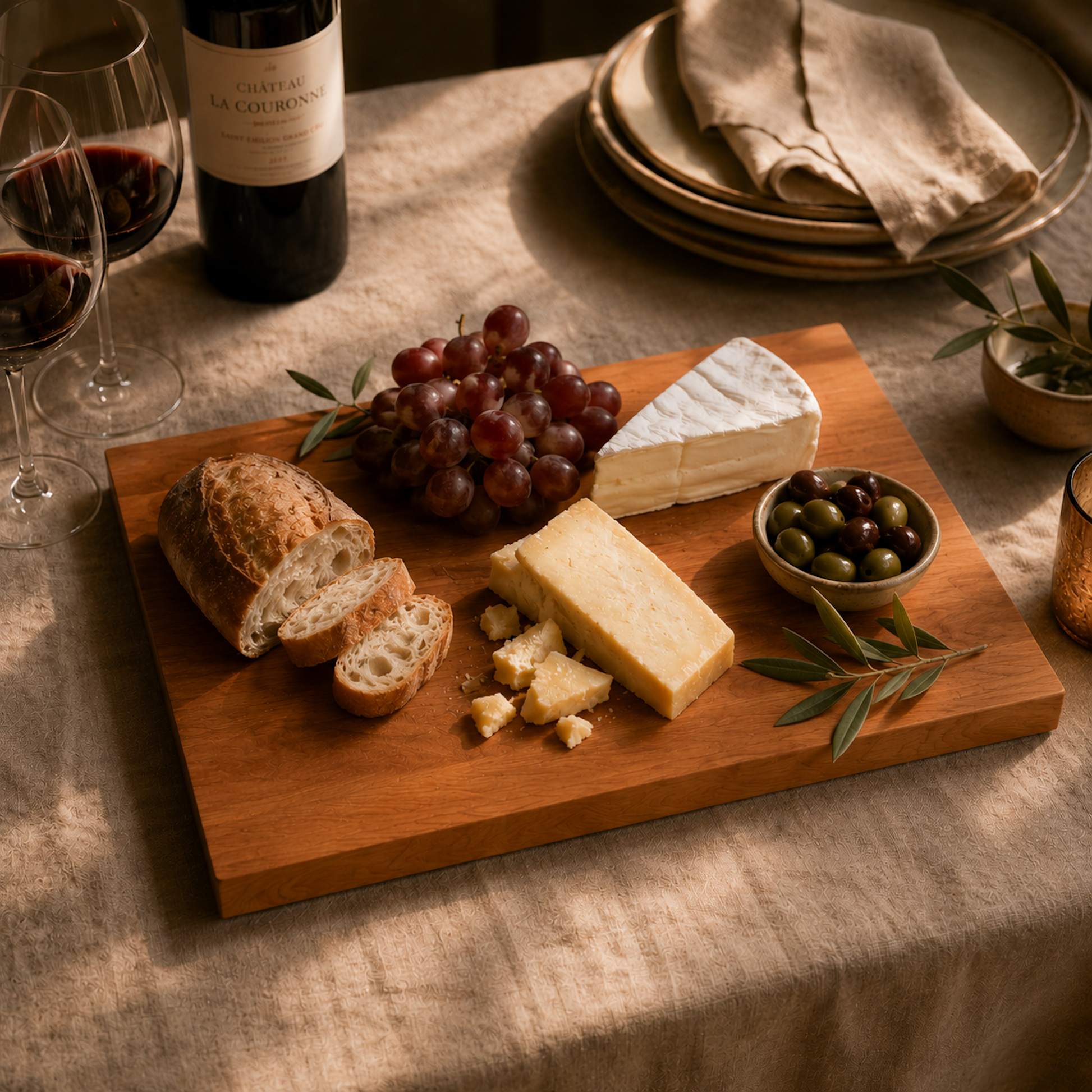 Massives Schneidebrett aus Kirschbaum mit Brot, Käse, Trauben und Oliven auf gedecktem Tisch bei warmem Abendlicht. Elegante Servierszene mit Rotwein und natürlicher Atmosphäre.
