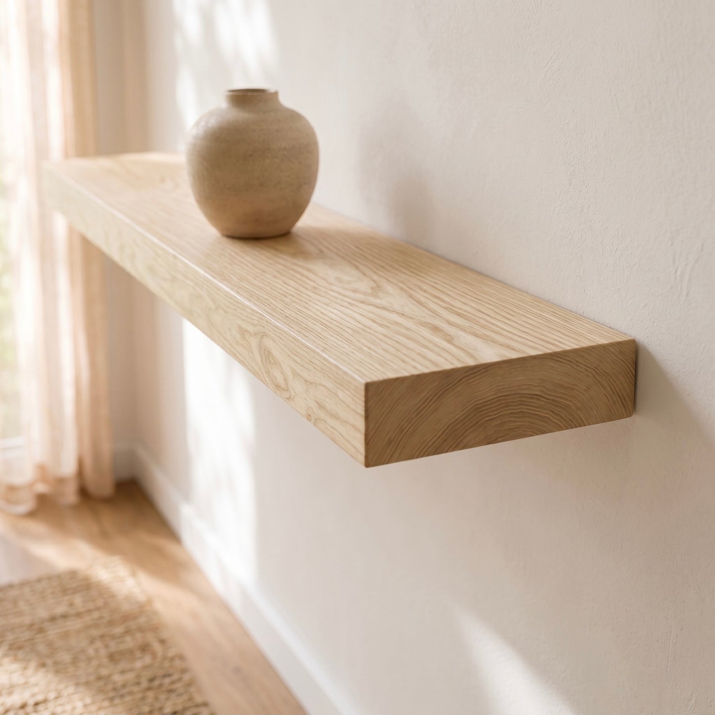 Schwebendes Wandboard ECO aus furnierter Esche mit verdeckter Wandhalterung. Detailansicht der hellen Esche-Maserung und hochwertigen Furnieroberfläche in natürlicher Holzoptik.