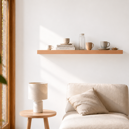 Schwebendes Wandregal aus Buche mit verdeckter Befestigung an weißer Wand im minimalistischen Wohnraum, dekoriert mit Büchern, Tassen und Glasflasche.