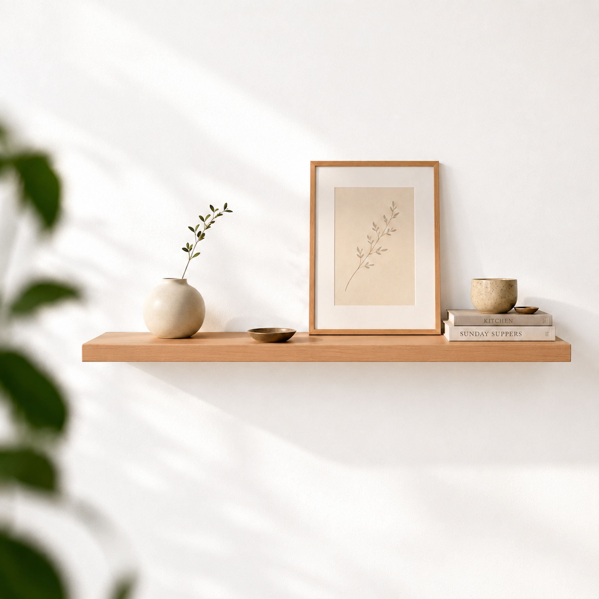 Schwebendes Wandregal aus Buche mit Bilderrahmen, Vase und Büchern an einer weißen Wand im modernen Wohnstil.