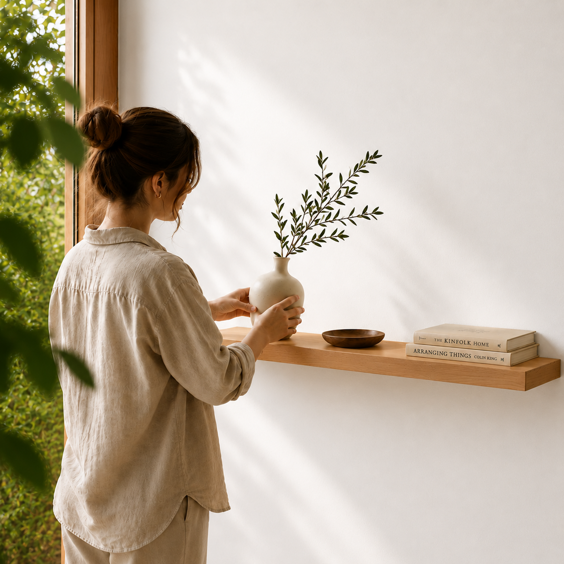 Schwebendes Wandregal aus Buche an einer weißen Wand, dekoriert mit Büchern, Schale und Vase, während eine Person das Regal im Wohnbereich gestaltet.