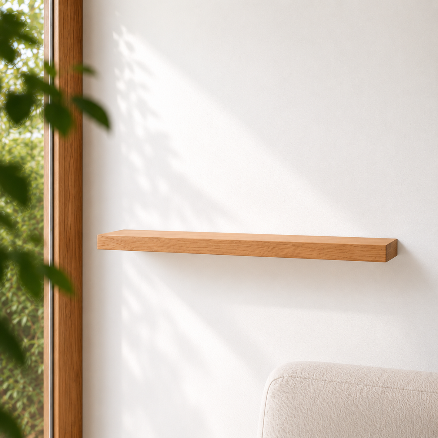 Schwebendes Wandregal aus Buche mit verdeckter Halterung an einer weißen Wand neben einem Fenster im modernen Wohnbereich.