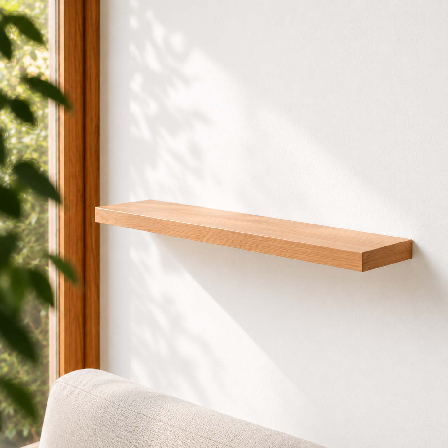 Schwebendes Wandregal aus Buche an einer weißen Wand neben einem Fenster, montiert mit verdeckter Befestigung im modernen Wohnbereich.