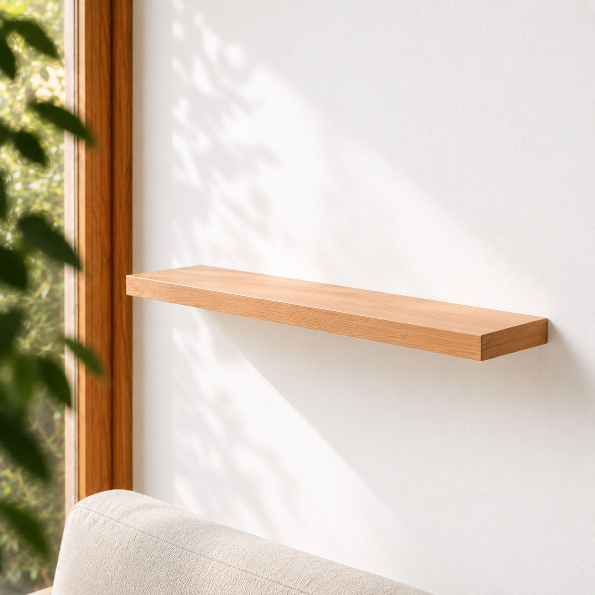 Schwebendes Wandregal aus Buche an einer weißen Wand neben einem Fenster, montiert mit verdeckter Befestigung im modernen Wohnbereich.