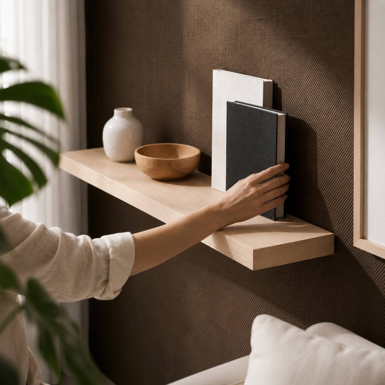 Schwebendes Wandregal ECO aus Ahornfurnier im Wohnzimmer, Person greift nach einem Buch auf dem Regal, moderne Wandkonsole mit verdeckter Befestigung und heller Holzoptik.