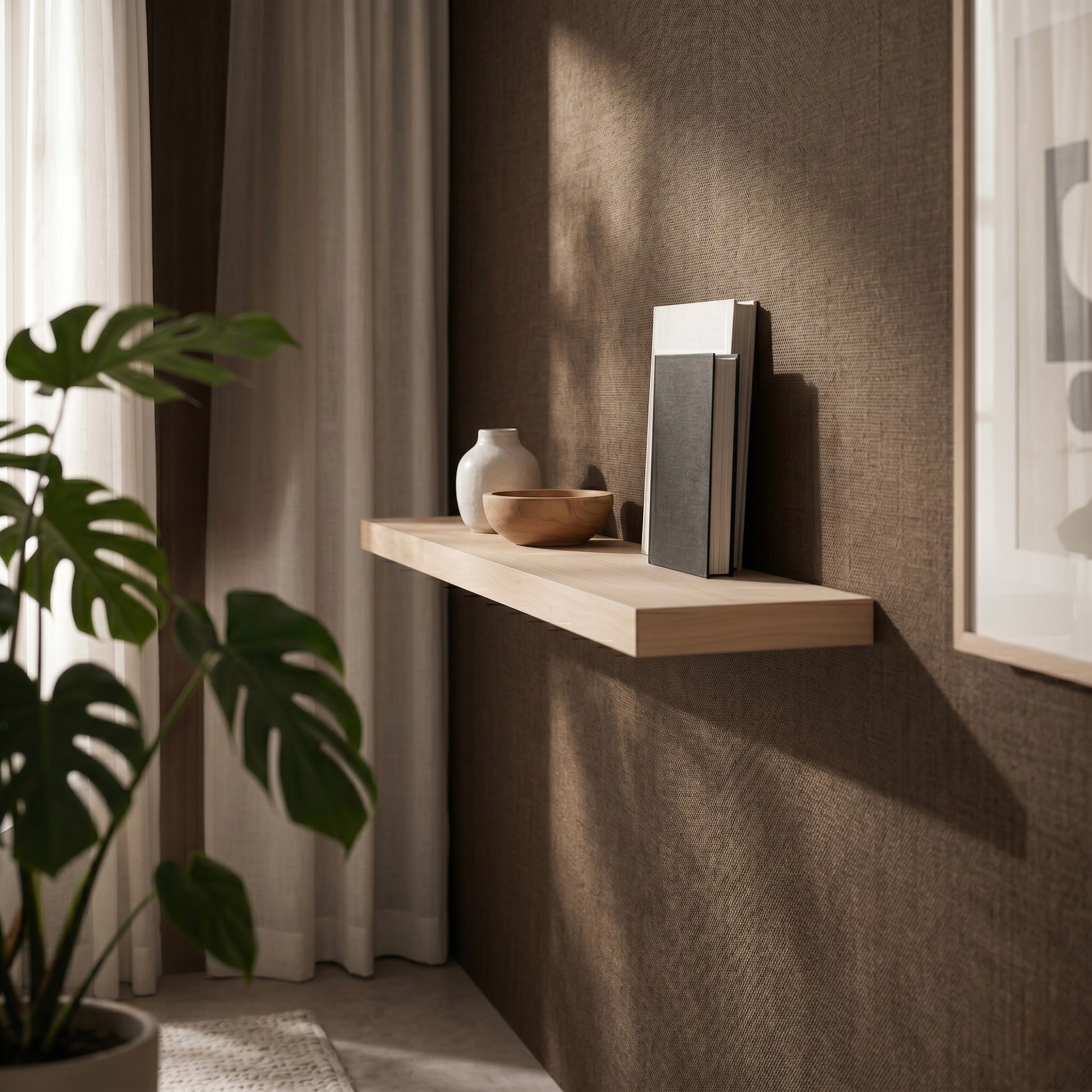 Schwebendes Wandregal ECO aus Ahornfurnier an einer dunklen Akzentwand, dekoriert mit Büchern, Vase und Holzschale, modernes Wandregal mit verdeckter Befestigung im Wohnbereich.