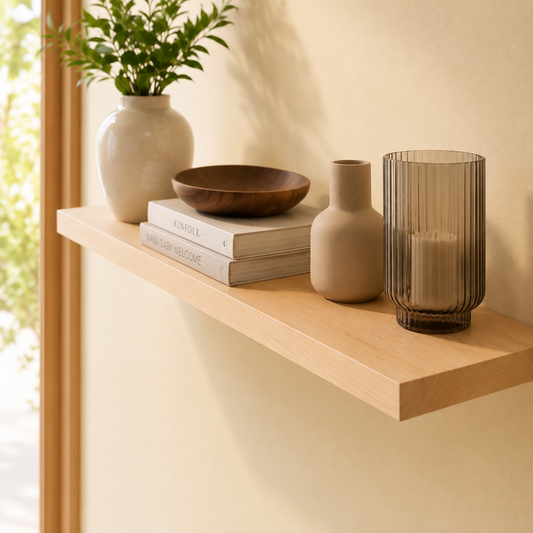 Schwebendes Wandregal ECO aus Birkenfurnier mit Büchern, Vasen und Kerzenglas, modernes Wandregal in heller Holzoptik neben einer Fensterfront mit verdeckter Befestigung.