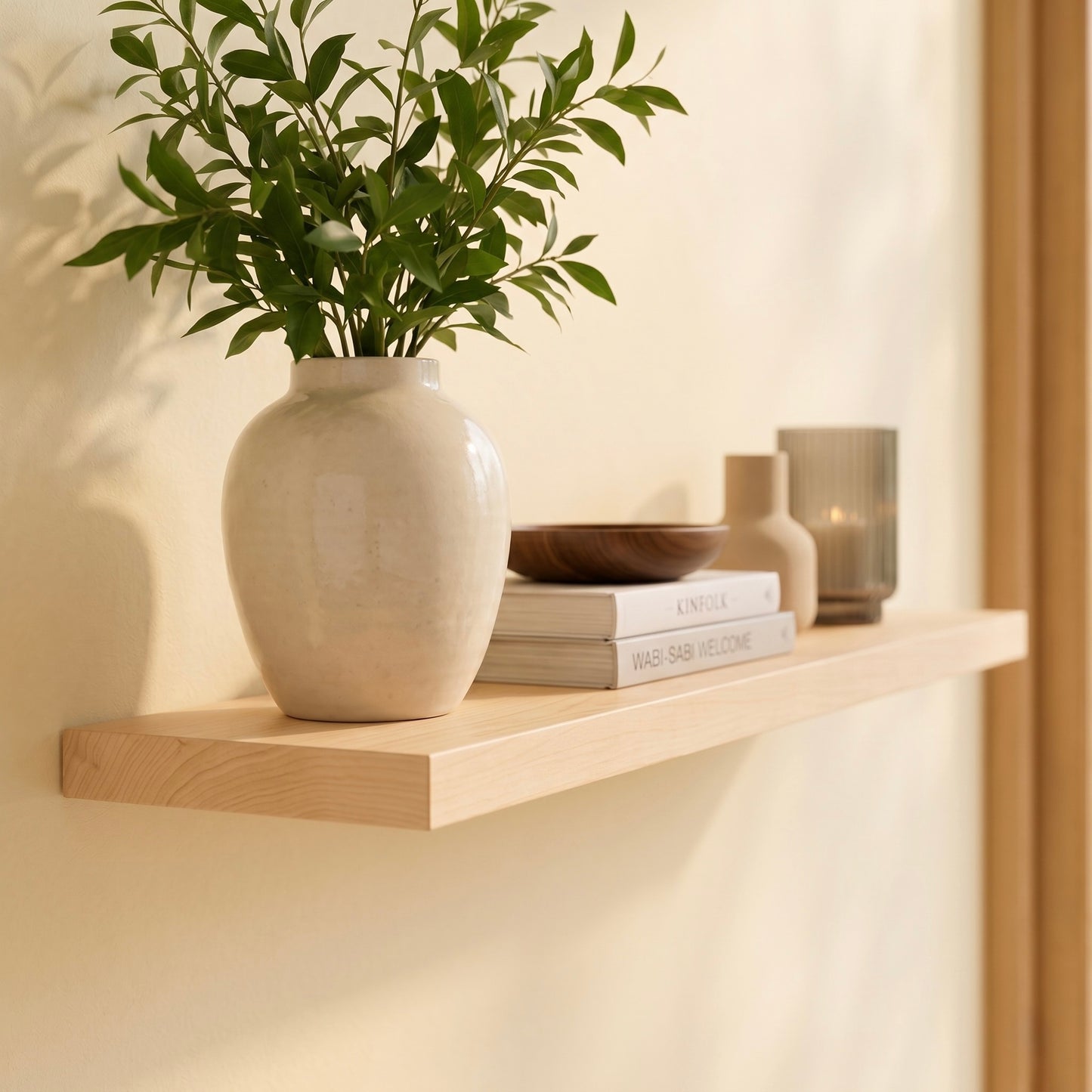 Schwebendes Wandregal ECO aus Birkenfurnier mit Vase, Büchern und Wohnaccessoires, modernes Wandregal in heller Holzoptik mit verdeckter Befestigung neben einer Fensterfront.