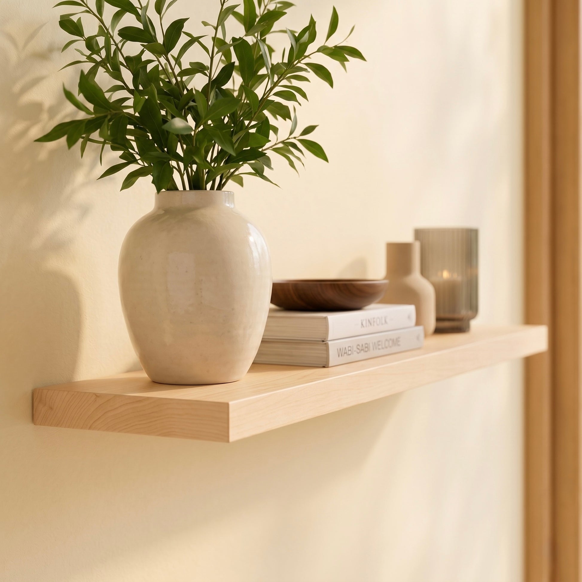 Schwebendes Wandregal ECO aus Birkenfurnier mit Vase, Büchern und Wohnaccessoires, modernes Wandregal in heller Holzoptik mit verdeckter Befestigung neben einer Fensterfront.