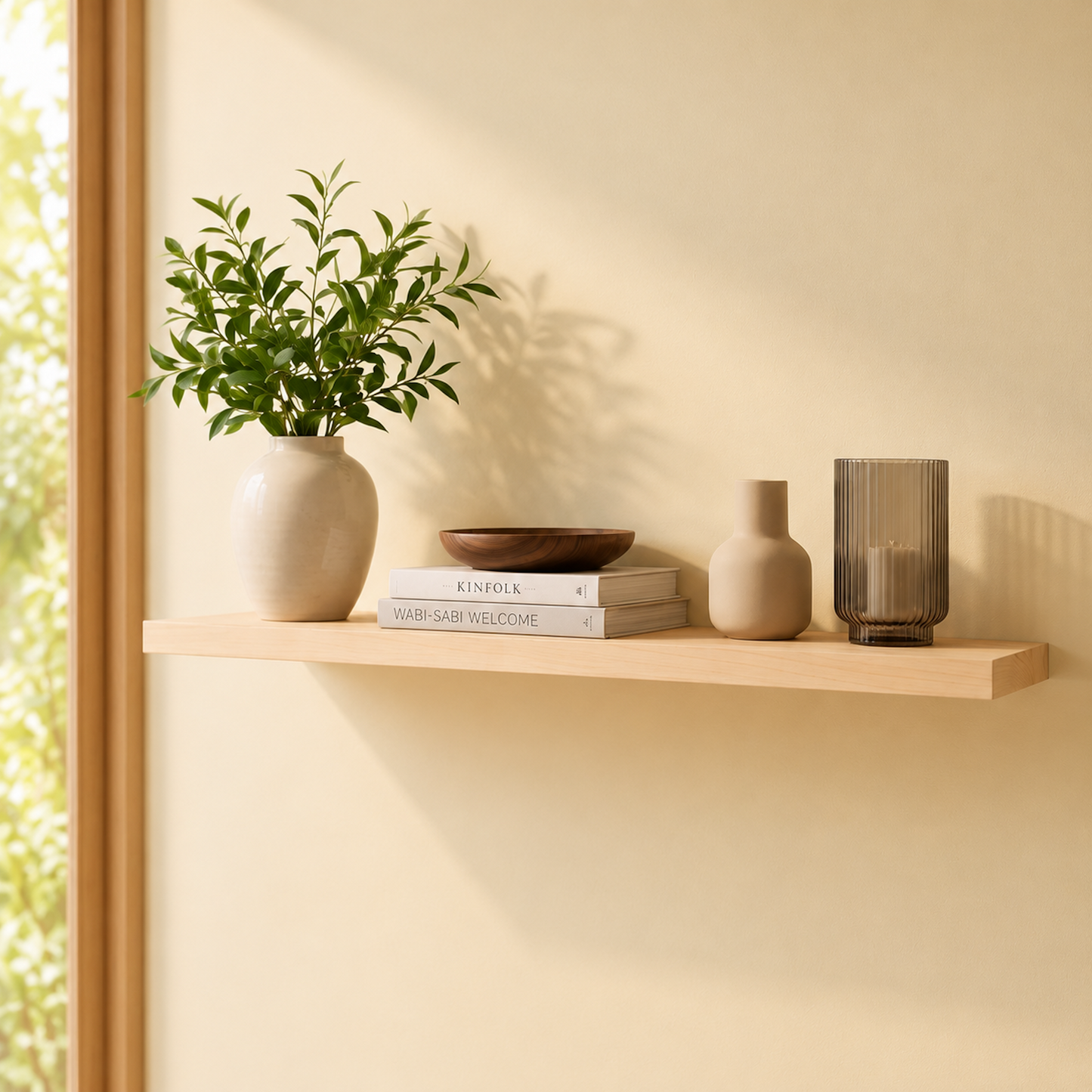 Schwebendes Wandregal ECO aus Birkenfurnier mit Büchern, Keramikvase, Holzschale und Kerzenglas, modernes Wandregal in heller Holzoptik mit verdeckter Befestigung.