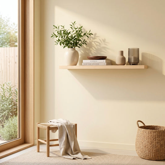 Schwebendes Wandregal ECO aus Birkenfurnier mit Büchern, Vasen und Dekoration neben einer großen Fensterfront, modernes Wandregal mit heller Holzoptik und verdeckter Befestigung.