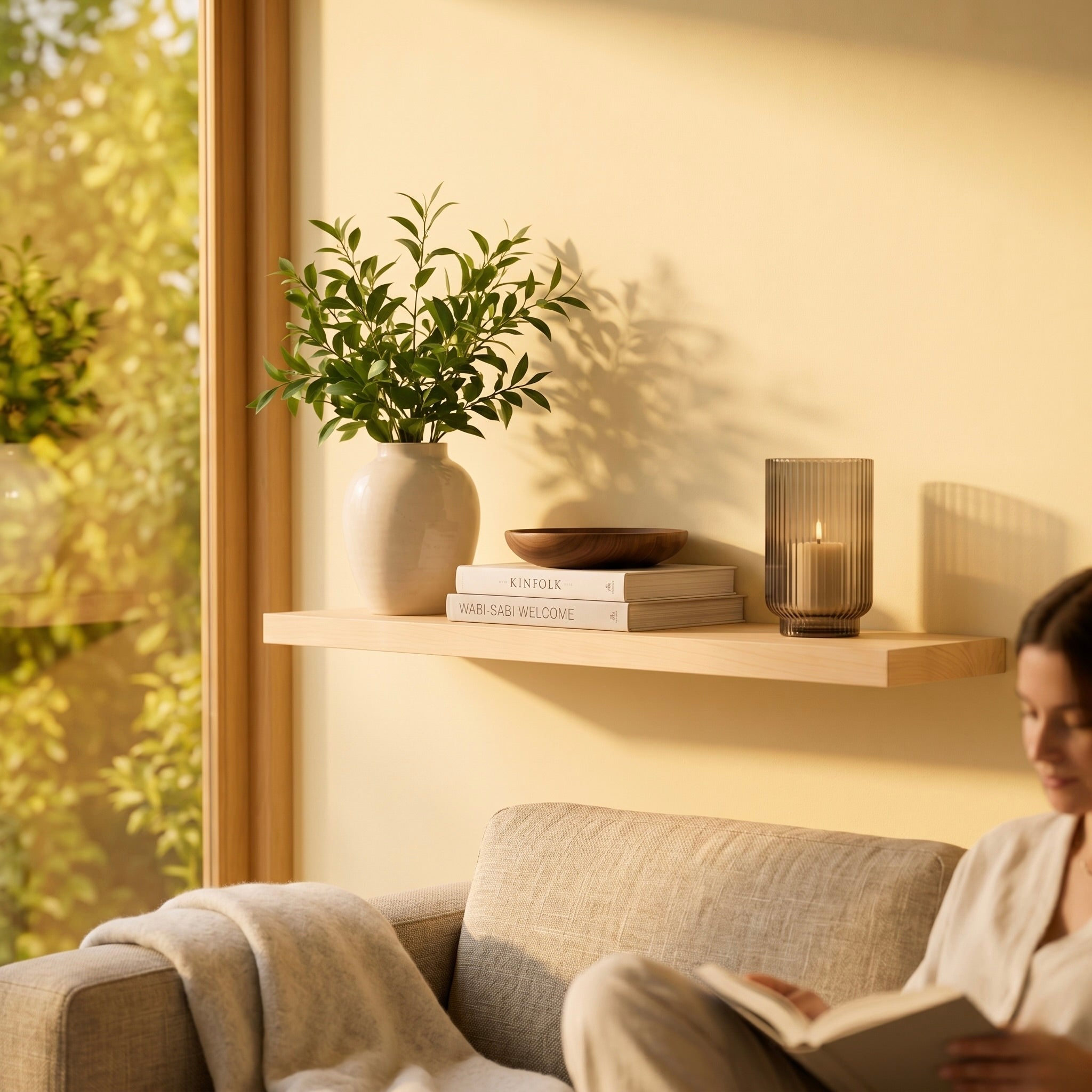 Schwebendes Wandregal ECO aus Birkenfurnier über einem Sofa im Wohnzimmer, dekoriert mit Büchern, Vase und Kerzenglas, modernes Wandregal mit heller Holzoptik und verdeckter Befestigung.