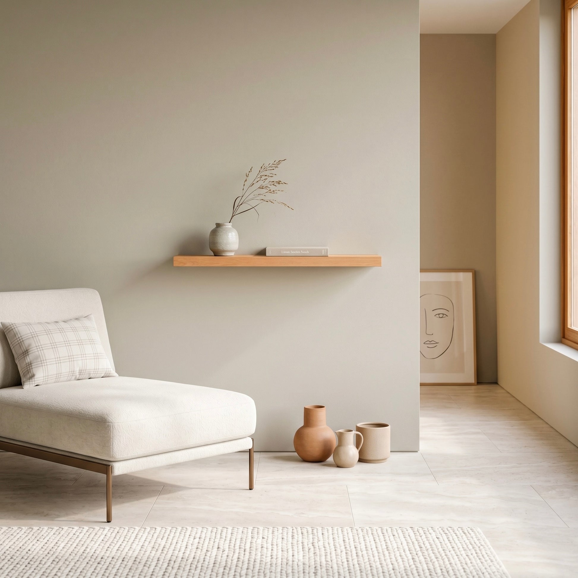 Schwebendes Wandregal ECO aus furnierter Buche mit verdeckter Wandhalterung. Helles Wandregal mit feiner Buchen-Maserung und hochwertiger Furnieroberfläche in modernem, minimalistischem Wohnstil.