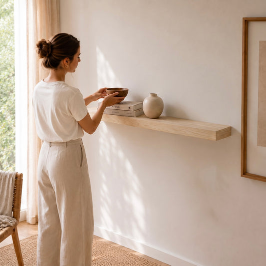 Schwebendes Wandregal ECO aus furnierter Esche mit verdeckter Wandhalterung. Helles Wandregal mit natürlicher Esche-Maserung und hochwertiger Furnieroberfläche in moderner Wohnraumgestaltung.