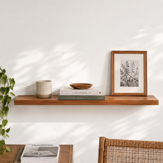 Schwebendes Wandregal ECO aus furniertem Kirschbaum mit verdeckter Wandhalterung. Warmes Holzregal mit charakteristischer Kirschbaum-Maserung und hochwertiger Furnieroberfläche in natürlicher Holzoptik.