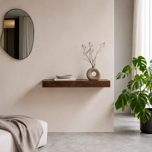 Schwebendes Wandregal ECO aus furniertem Nussbaum mit verdeckter Wandhalterung. Modernes Wandregal in dunkler Holzoptik mit natürlicher Nussbaum-Maserung für Wohn- und Arbeitsbereiche.