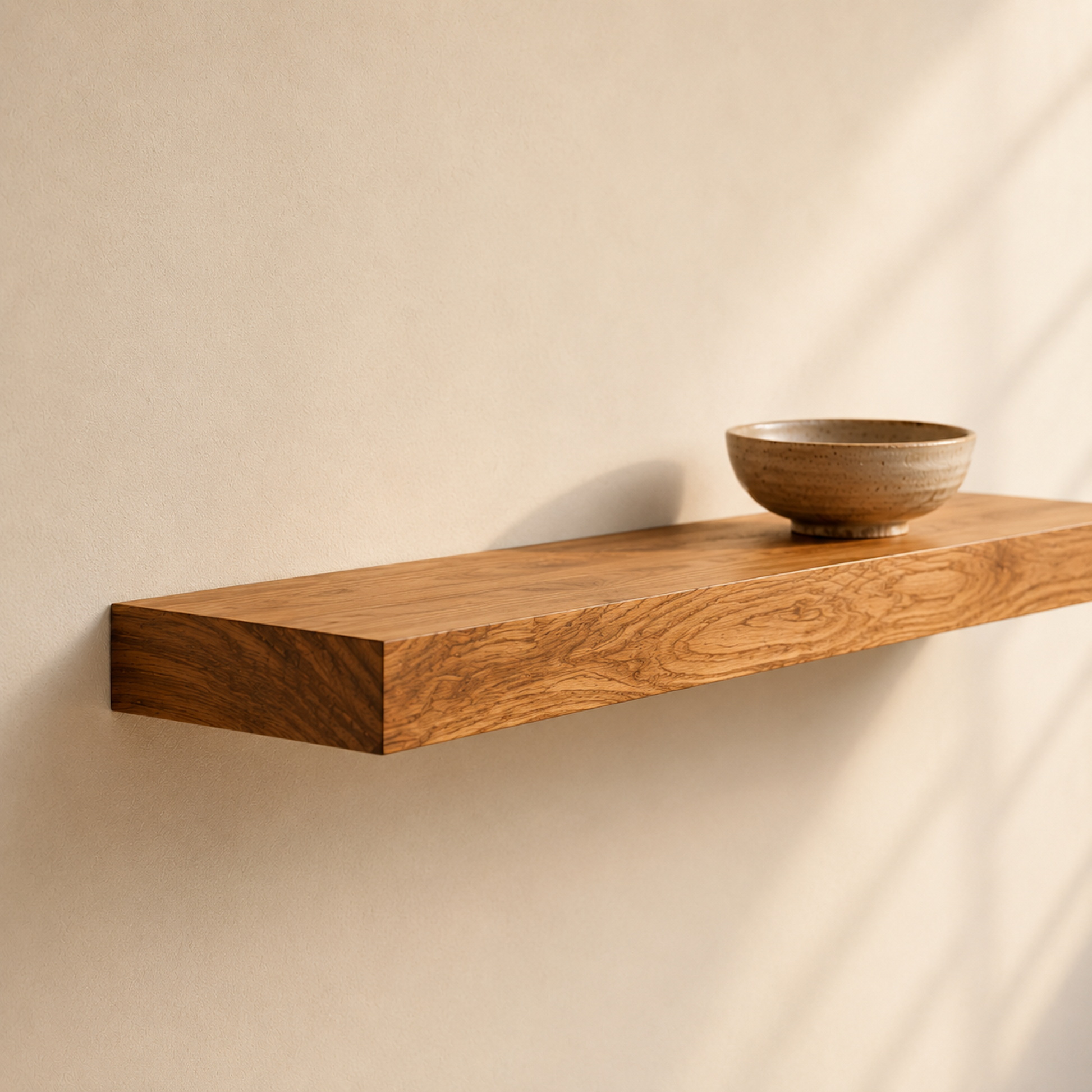 Schwebendes Wandregal ECO aus furnierter Ulme mit ausdrucksstarker Holzmaserung und verdeckter Befestigung, modernes Wandregal in natürlicher Holzoptik mit Keramikschale als Dekoration.