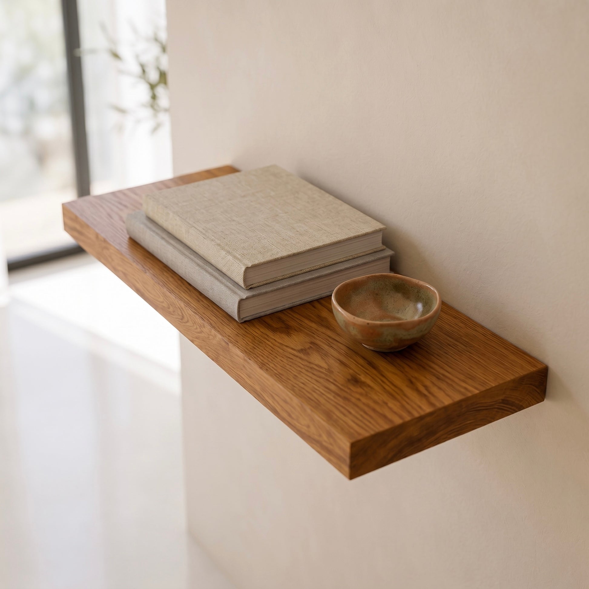 Schwebendes Wandregal ECO aus furnierter Ulme mit natürlicher Holzmaserung, dekoriert mit Büchern und Keramikschale, modernes Wandregal mit verdeckter Befestigung im Wohnbereich.