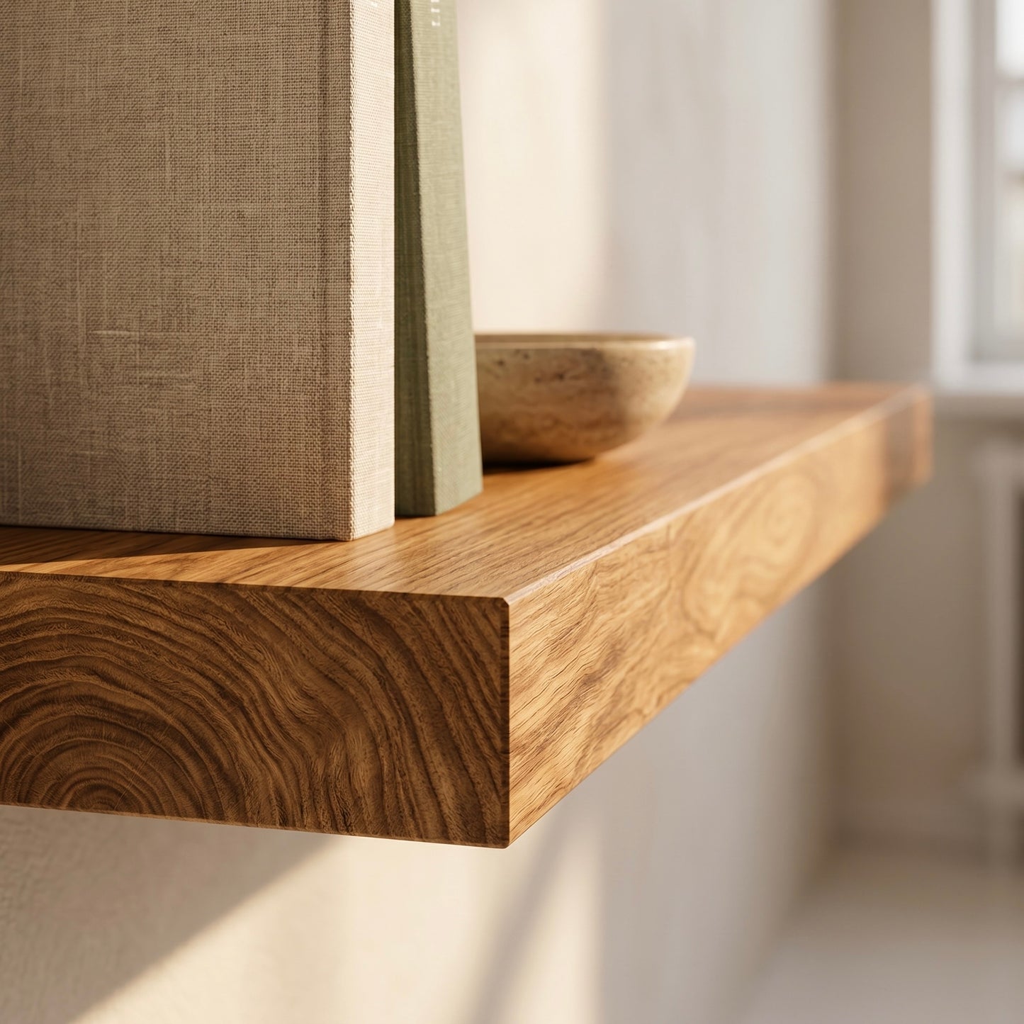 Detailaufnahme eines schwebenden Wandregals ECO aus furnierter Ulme mit markanter Holzmaserung und verdeckter Wandhalterung, modernes Wandboard für Wohnzimmer und Flur.
