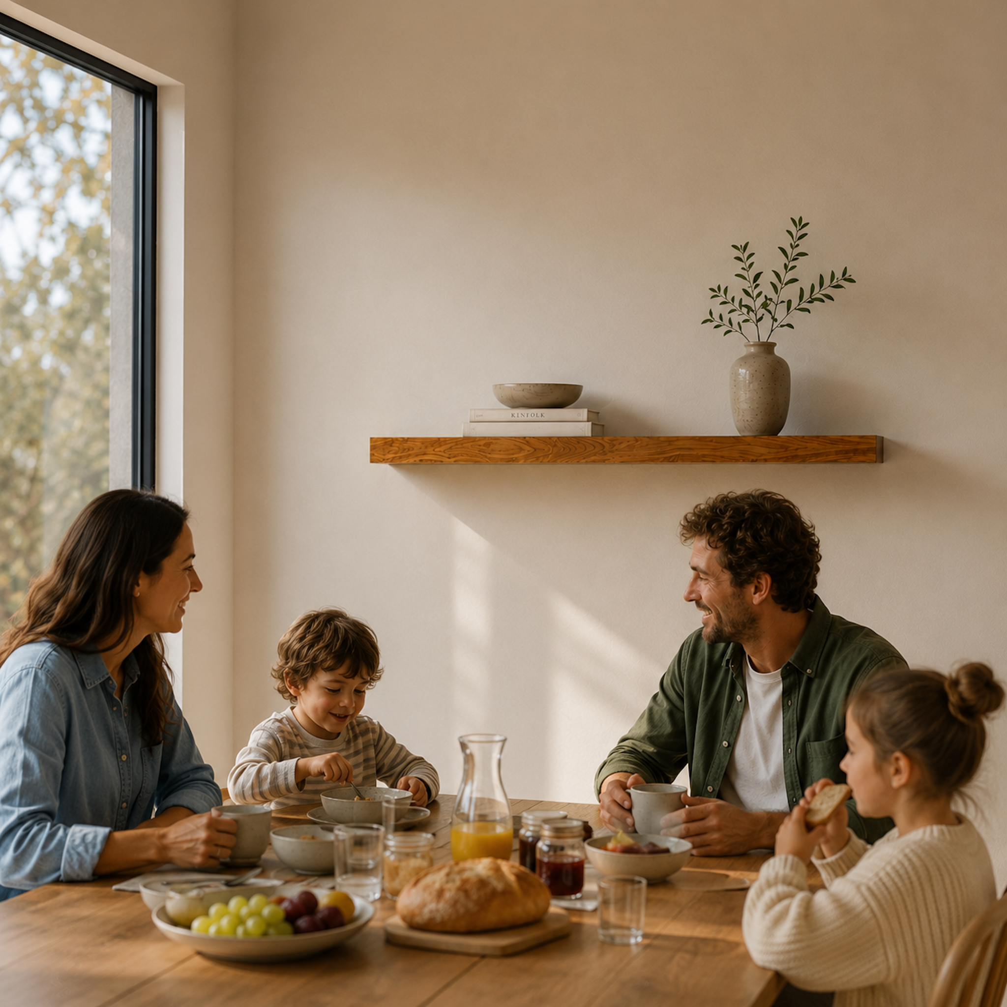 Schwebendes Wandregal ECO aus furnierter Ulme mit natürlicher Holzmaserung im modernen Esszimmer über einem Esstisch, Wandregal mit verdeckter Befestigung.