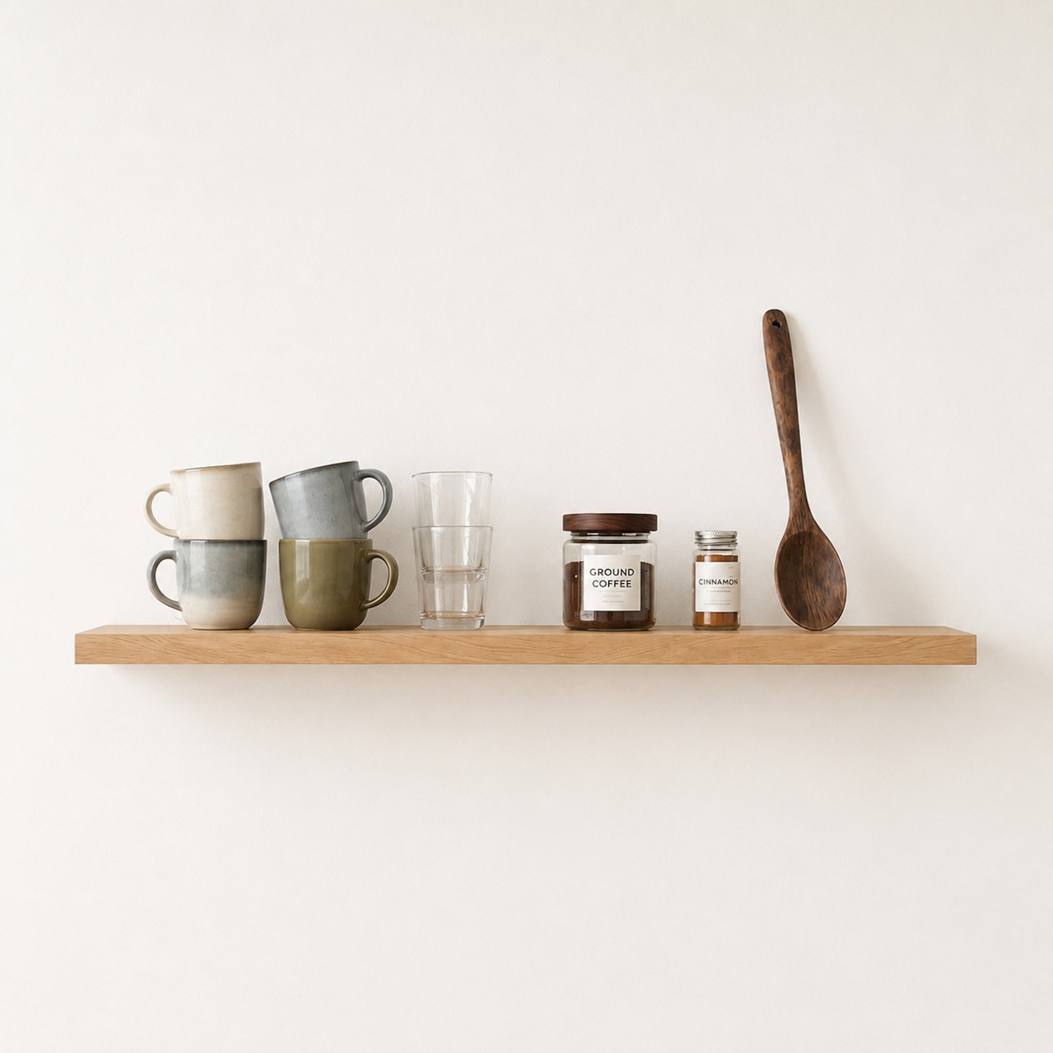 Schwebendes Wandregal aus massiver Eiche mit Tassen, Gläsern und Küchenutensilien, modernes Küchenregal aus Massivholz mit verdeckter Befestigung an weißer Wand.
