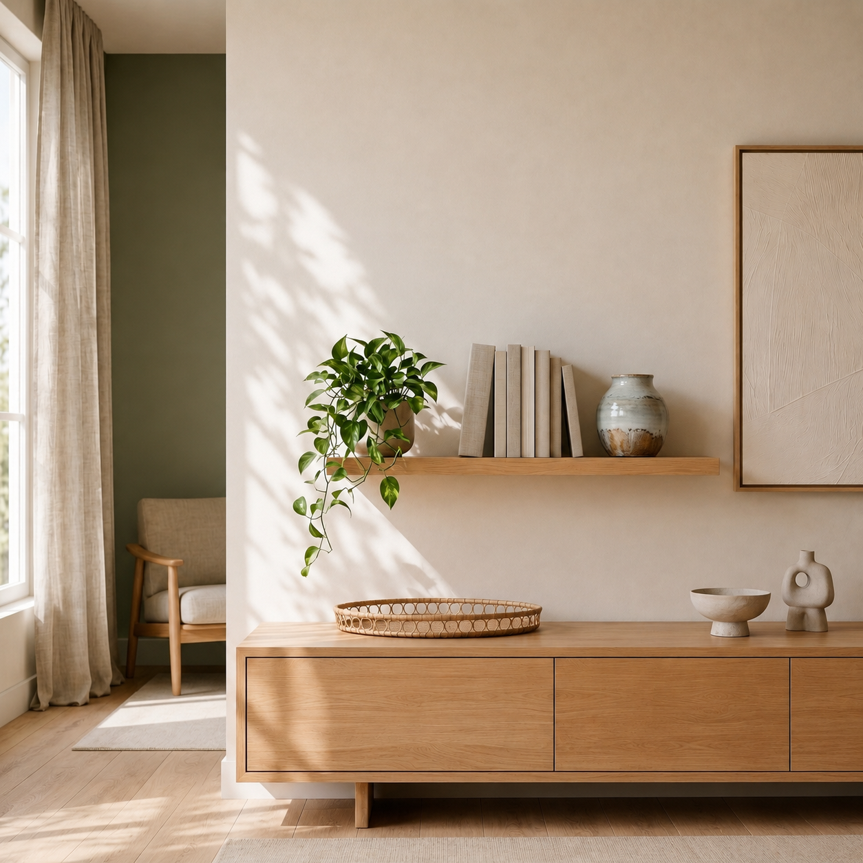 Schwebendes Wandregal aus massiver Eiche mit verdeckter Befestigung über einem Eichen-Sideboard im modernen Japandi-Wohnzimmer mit Pflanzen und Keramikdeko bei warmem Tageslicht