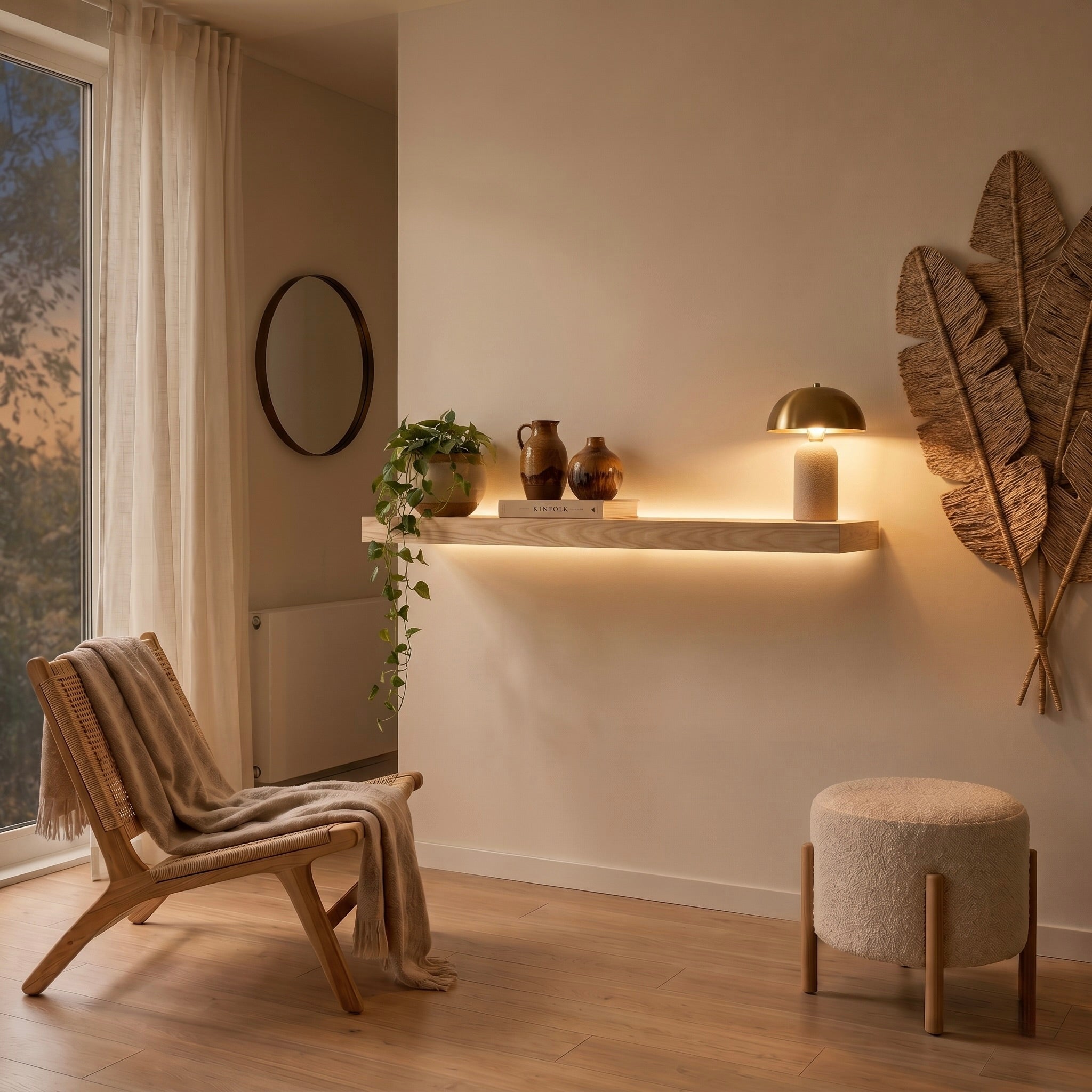 Schwebendes Wandregal aus Esche mit warmer indirekter Beleuchtung an einer hellen Wohnzimmerwand. Modernes Holzregal mit Dekoration, Pflanze und Tischleuchte im wohnlichen Japandi-Stil.