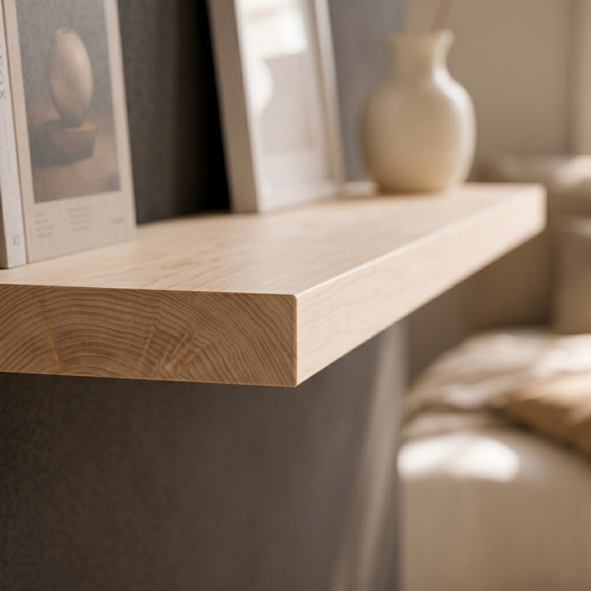 Detailaufnahme eines schwebenden Wandregals aus hellem Ahorn Massivholz mit feiner Maserung und minimalistischer Dekoration vor dunkler Wand im modernen Schlafzimmer-Stil