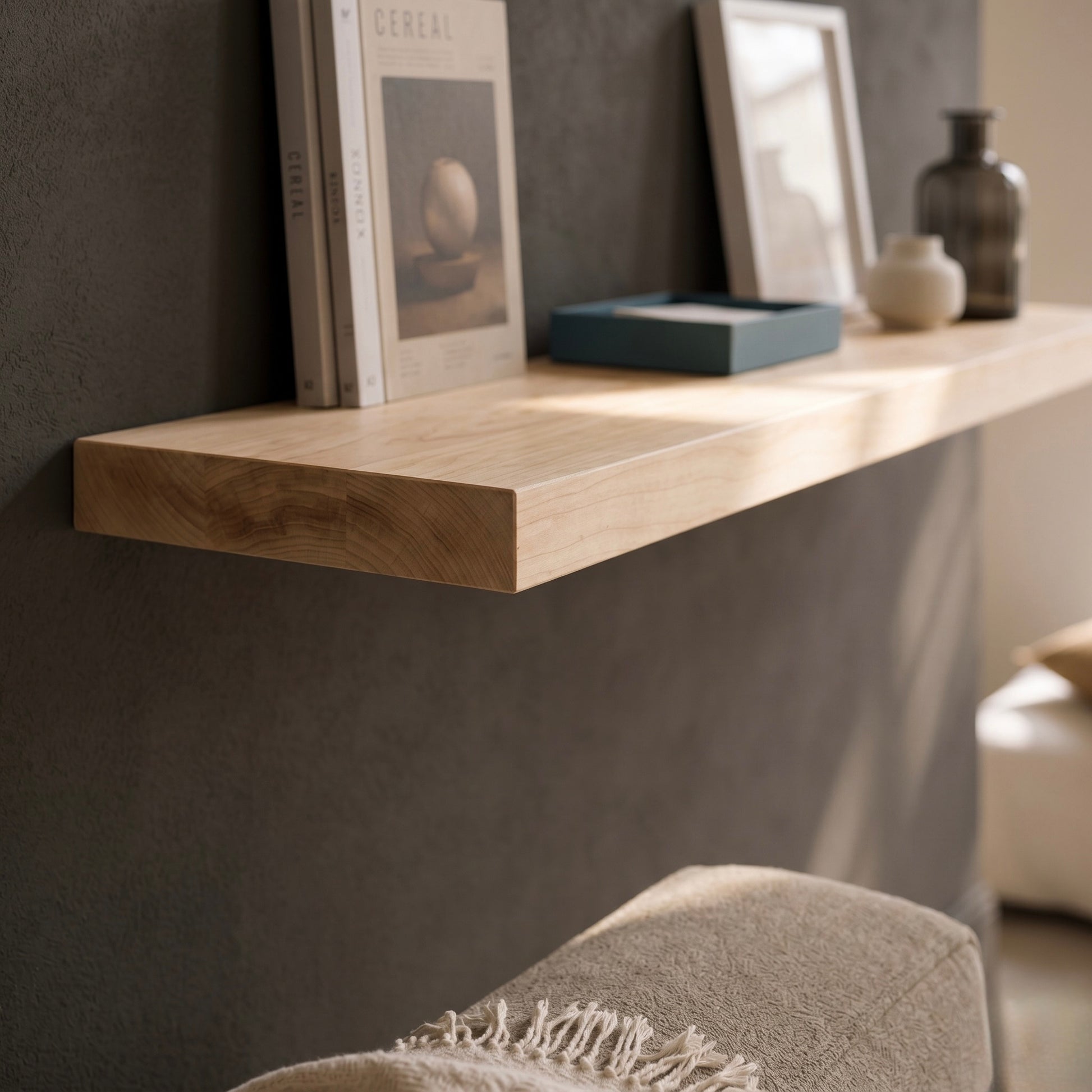 Detailaufnahme eines schwebenden Wandregals aus Ahorn Massivholz mit heller Holzmaserung, Büchern und Dekoration an dunkler Wand im modernen minimalistischen Wohnstil