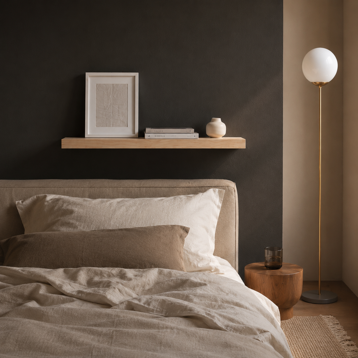 Schwebendes Wandregal aus Ahorn Massivholz über modernem Bett an dunkler Wand mit Bilderrahmen, Büchern und minimalistischer Schlafzimmer-Einrichtung bei warmem Licht