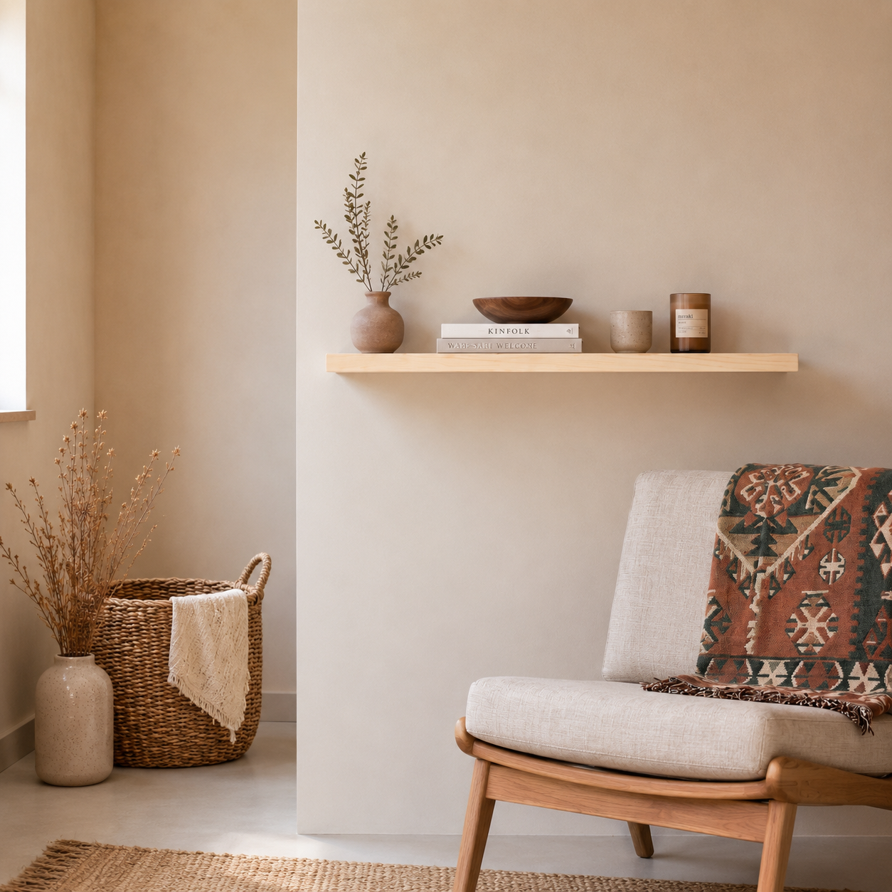 Schwebendes Wandregal aus heller Birke Massivholz mit Vase, Büchern und Kerze über gemütlichem Sessel im warmen skandinavischen Wohnstil mit natürlichen Beige- und Holztönen