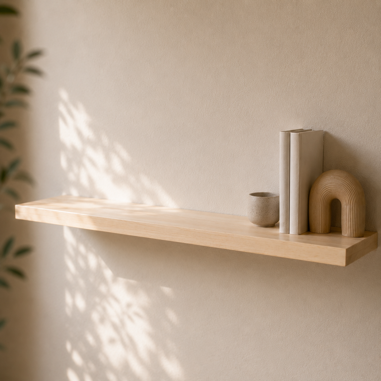 Helles schwebendes Wandregal aus Birke Massivholz mit dezenter Keramik, Büchern und Holzobjekt vor warmer cremefarbener Wand im minimalistischen Japandi-Stil mit weichem Sonnenlicht