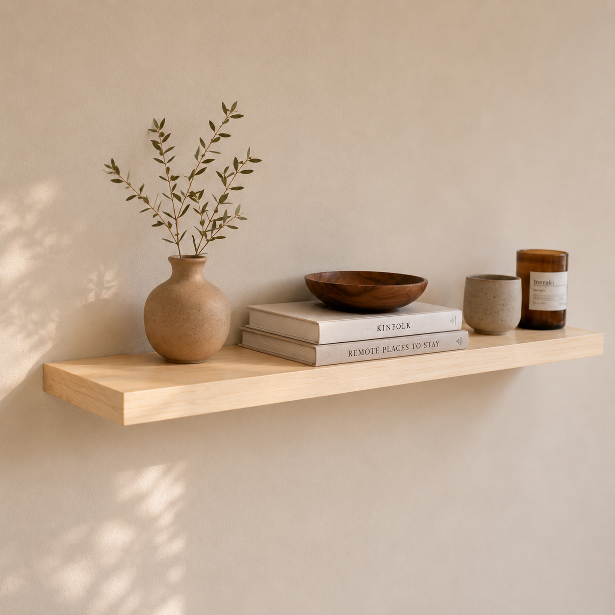 Helles schwebendes Wandregal aus Birke Massivholz mit Vase, Büchern, Holzschale und Kerze vor warmer cremefarbener Wand im minimalistischen Japandi-Wohnstil