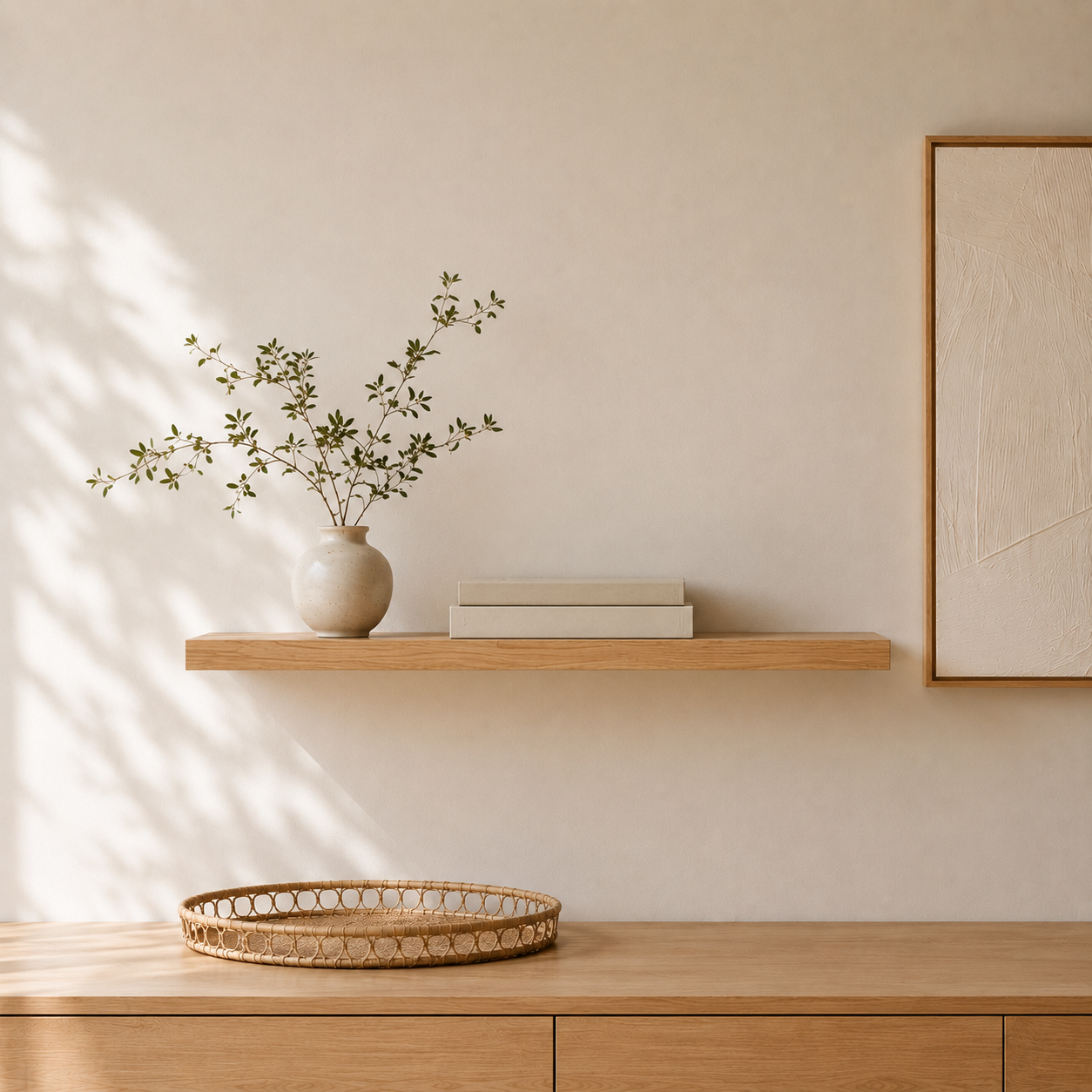 Schwebendes Wandregal aus Eiche Massivholz mit heller Vase und Büchern über Sideboard in warmem minimalistischen Wohnstil mit natürlichem Sonnenlicht und ruhiger Japandi-Atmosphäre