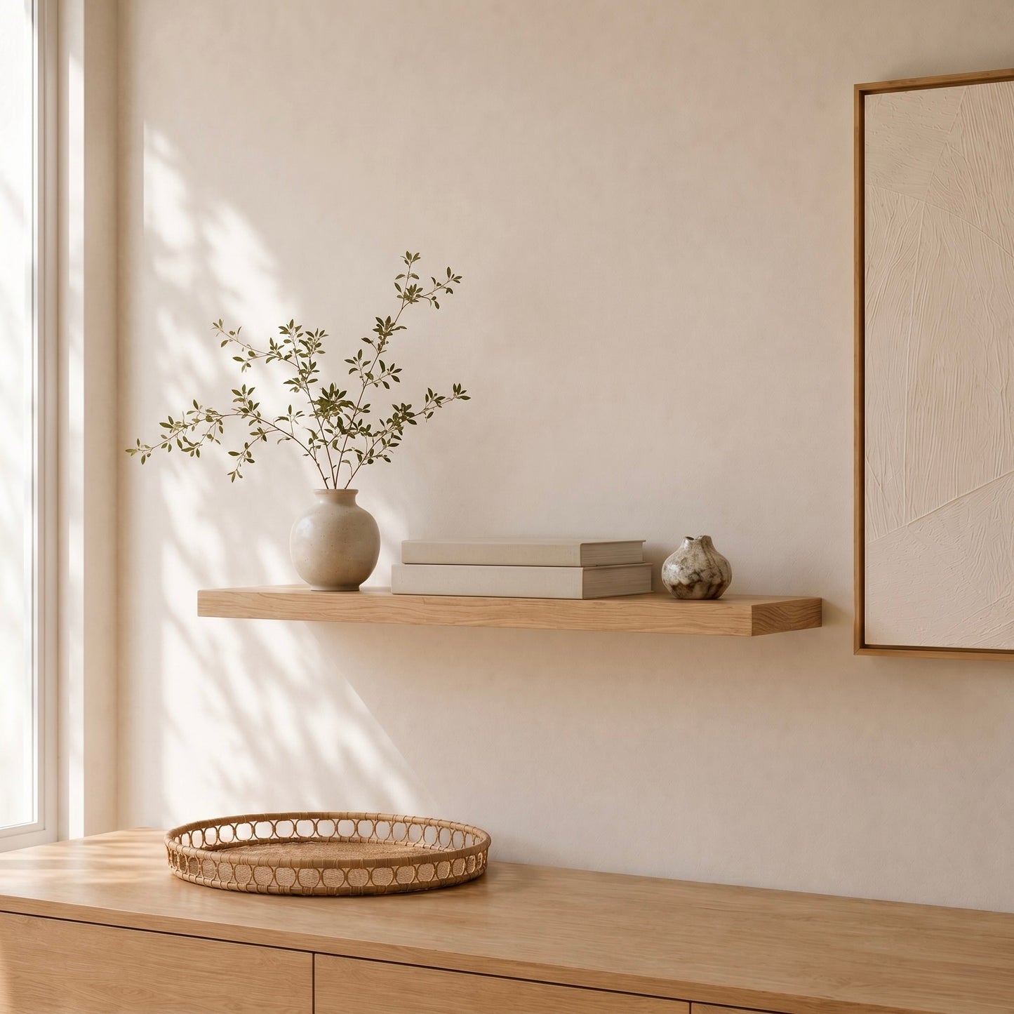 Schwebendes Wandregal aus Eiche Massivholz mit verdeckter Befestigung in modernem Japandi-Wohnraum mit Keramikvase, Büchern und warmem Tageslicht an heller Wand