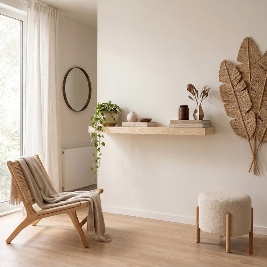 Schwebendes Wandregal aus Esche an weißer Wand im Japandi-Wohnzimmer. Helles Holzregal mit Büchern, Pflanzen und Dekoration, montiert mit verdeckter Halterung über hellem Holzboden.