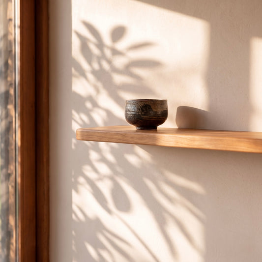 Detailaufnahme eines schwebenden Wandregals aus Kirschbaum Massivholz mit warmer Holzmaserung und Keramikschale im modernen Japandi-Wohnstil bei natürlichem Sonnenlicht an heller Wand