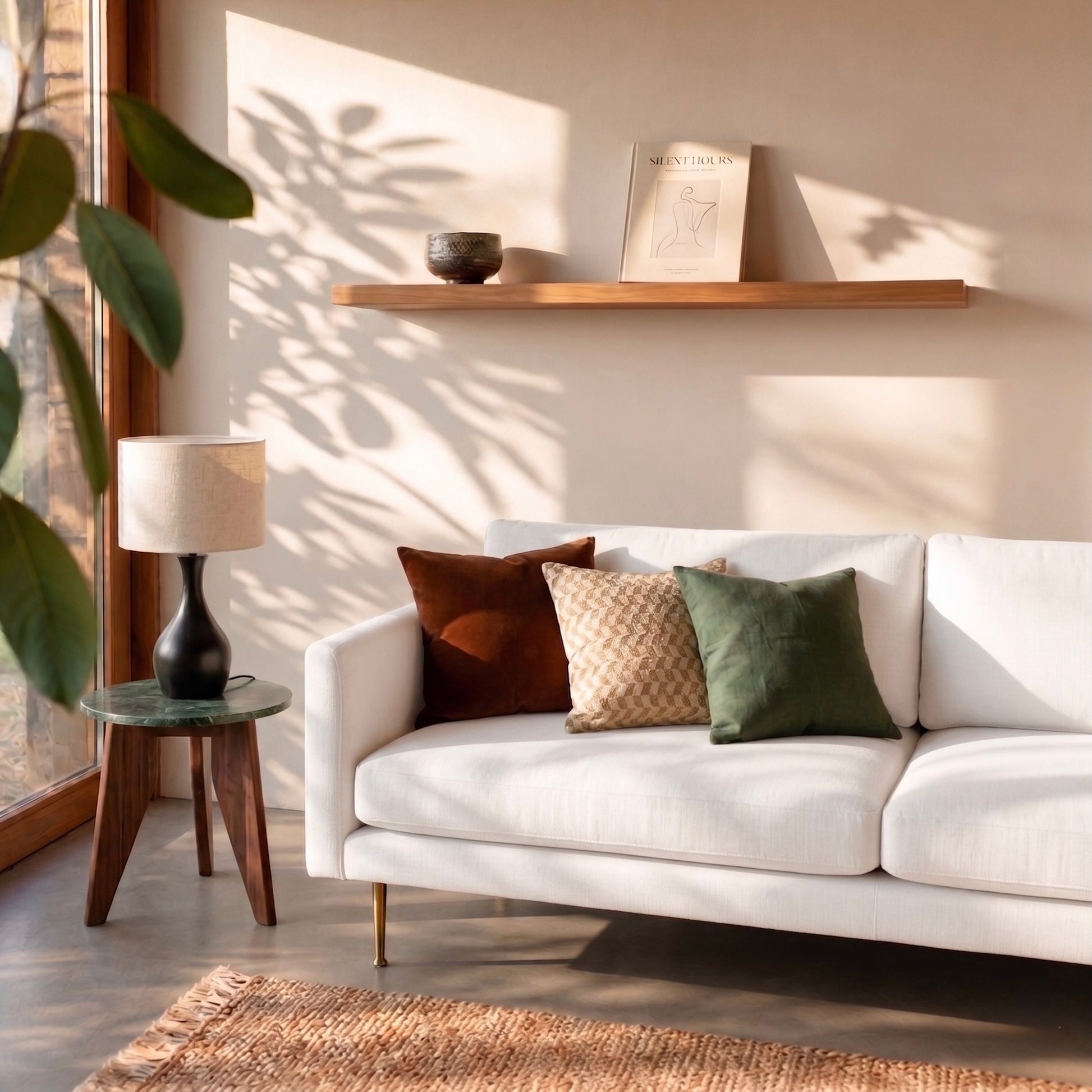 Schwebendes Wandregal aus Kirschbaum Massivholz über hellem Sofa in modernem Wohnzimmer mit Dekoration, Kissen und warmem Sonnenlicht im Japandi-Stil