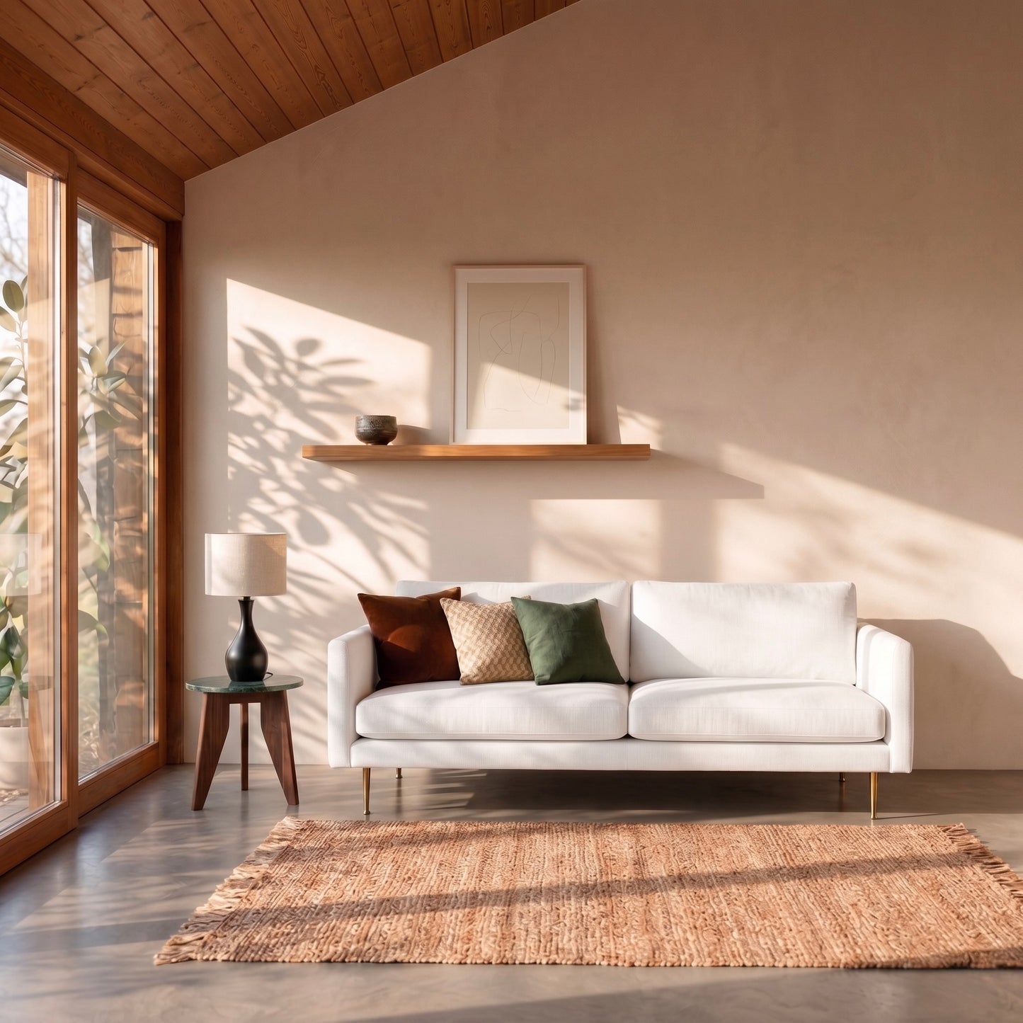 Schwebendes Wandregal aus Kirschbaum Massivholz über hellem Sofa in modernem Japandi-Wohnzimmer mit großen Fenstern, warmem Sonnenlicht und minimalistischer Dekoration